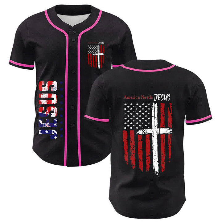Christianartworkshop Camiseta de béisbol con botones y bandera desgastada "America Needs Jesus" - Rosa - 5XL - image 49
