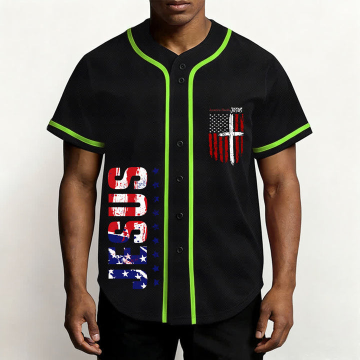 Christianartworkshop Camiseta de béisbol con botones y bandera desgastada "America Needs Jesus" - image 41