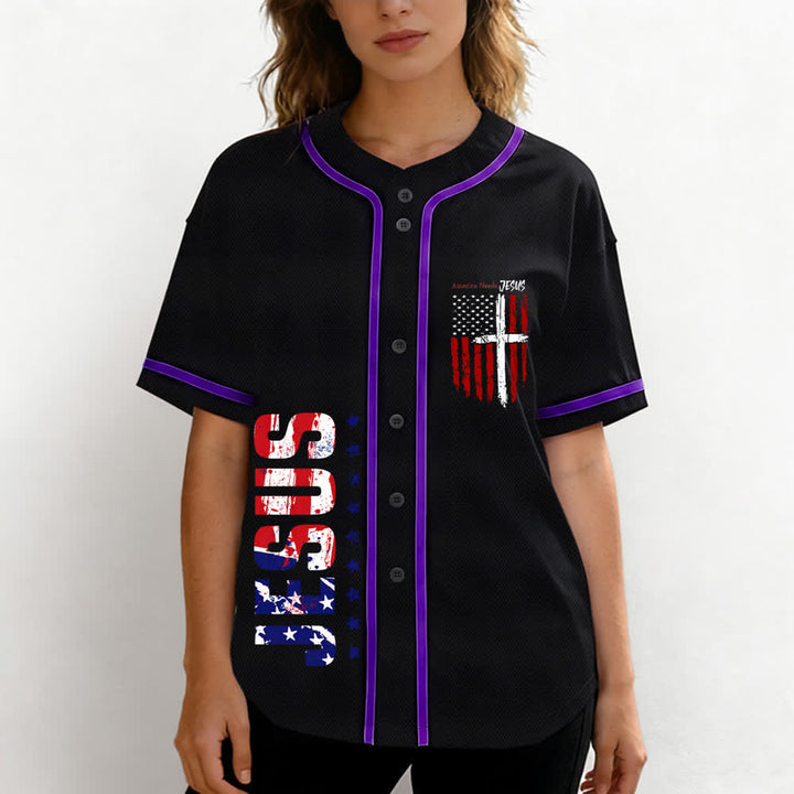 Christianartworkshop Camiseta de béisbol con botones y bandera desgastada "America Needs Jesus" - image 60