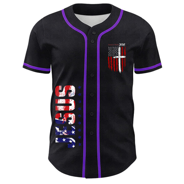 Christianartworkshop Camiseta de béisbol con botones y bandera desgastada "America Needs Jesus" - image 58