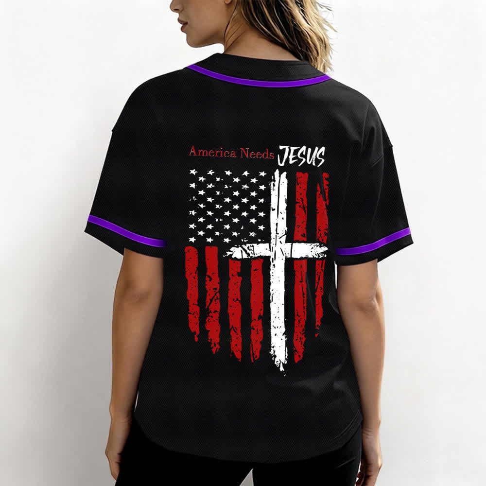 Christianartworkshop Camiseta de béisbol con botones y bandera desgastada "America Needs Jesus" - image 59