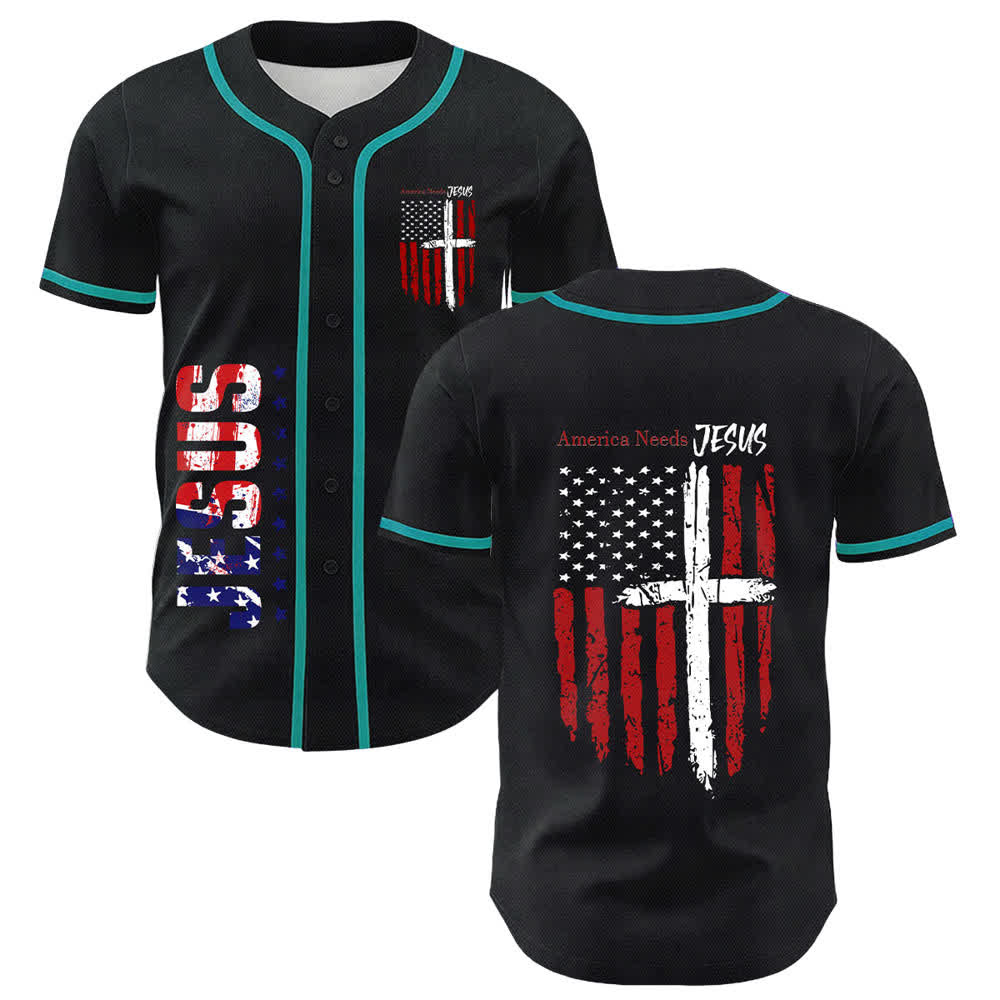 Christianartworkshop Camiseta de béisbol con botones y bandera desgastada "America Needs Jesus" - Azul del lago - 5XL - image 42