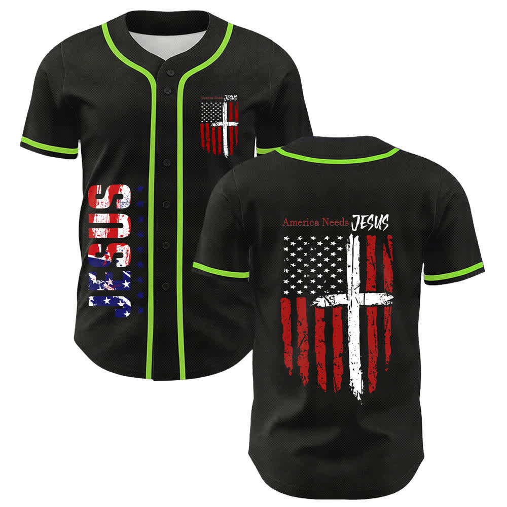 Christianartworkshop Camiseta de béisbol con botones y bandera desgastada "America Needs Jesus" - image 35