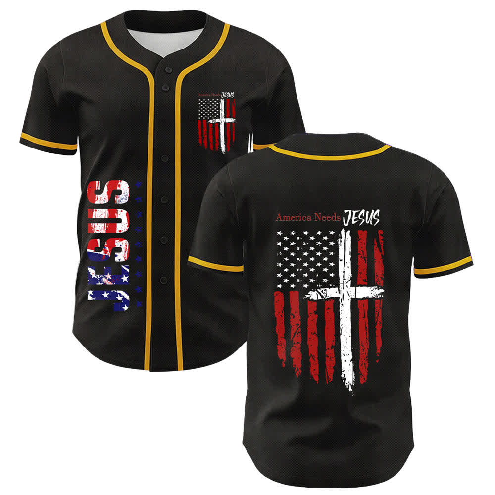 Christianartworkshop Camiseta de béisbol con botones y bandera desgastada "America Needs Jesus" - Amarillo - 5XL - image 0