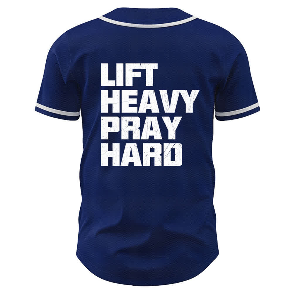 Christianartworkshop Camiseta de béisbol azul marino "Levanta peso, reza duro" - image 1