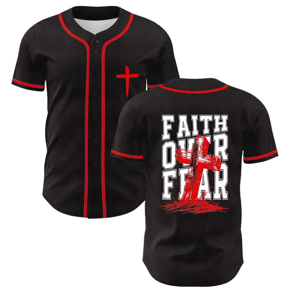 Camiseta de béisbol con ribete de contraste y cruz "Fe sobre el miedo" de Christianartworkshop - Rojo - 5XL - image 21