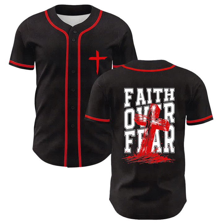 Camiseta de béisbol con ribete de contraste y cruz "Fe sobre el miedo" de Christianartworkshop - Rojo - 5XL - image 21