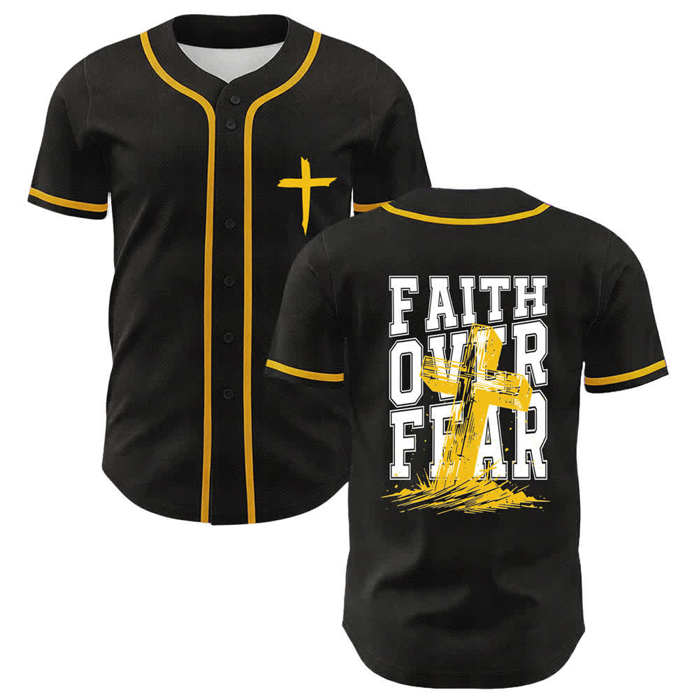 Camiseta de béisbol con ribete de contraste y cruz "Fe sobre el miedo" de Christianartworkshop - Amarillo - 5XL - image 56
