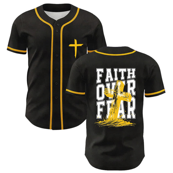 Camiseta de béisbol con ribete de contraste y cruz "Fe sobre el miedo" de Christianartworkshop - Amarillo - 5XL - image 56
