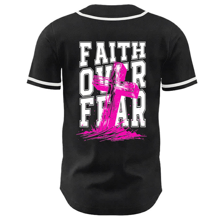 Camiseta de béisbol con ribete de contraste y cruz "Fe sobre el miedo" de Christianartworkshop - image 1