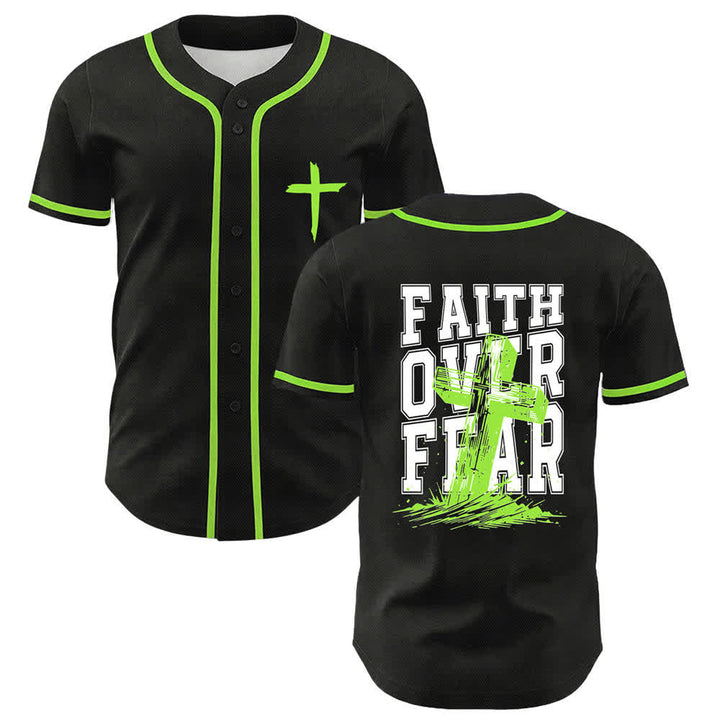 Camiseta de béisbol con ribete de contraste y cruz "Fe sobre el miedo" de Christianartworkshop - Verde - 5XL - image 35