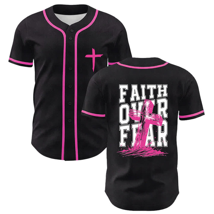 Camiseta de béisbol con ribete de contraste y cruz "Fe sobre el miedo" de Christianartworkshop - Rosa - 5XL - image 7
