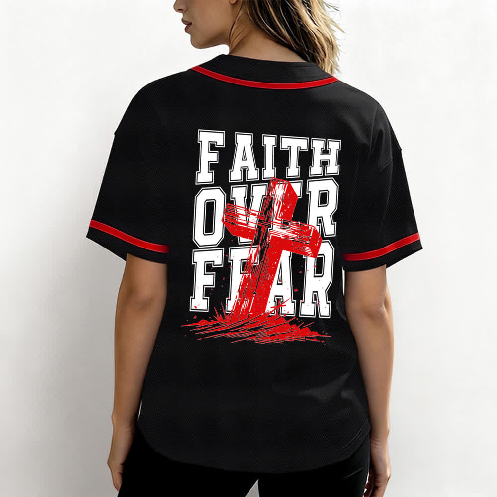 Camiseta de béisbol con ribete de contraste y cruz "Fe sobre el miedo" de Christianartworkshop - image 23