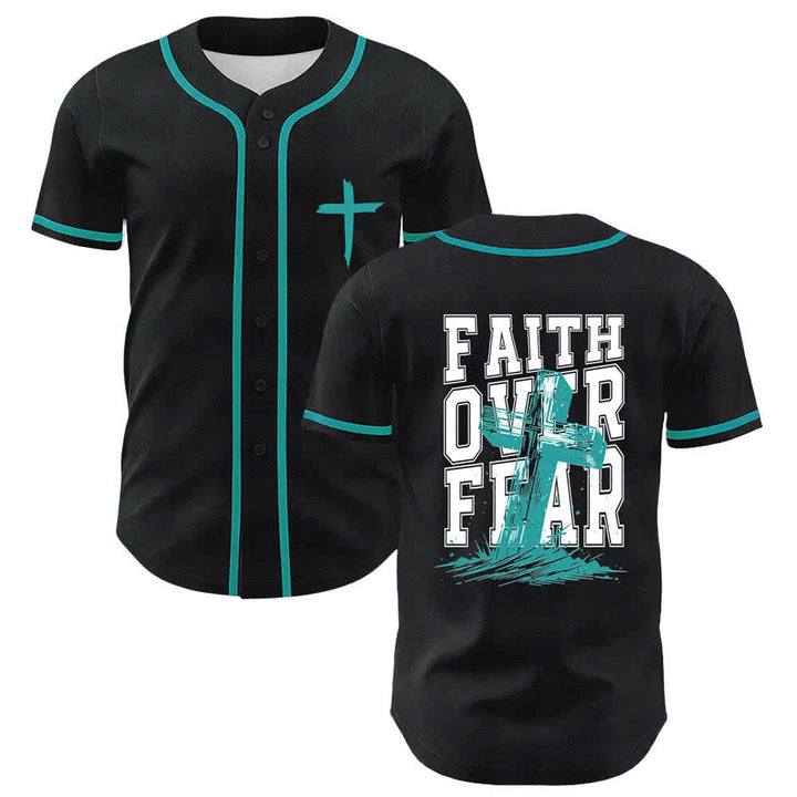 Camiseta de béisbol con ribete de contraste y cruz "Fe sobre el miedo" de Christianartworkshop - Azul del lago - 5XL - image 28
