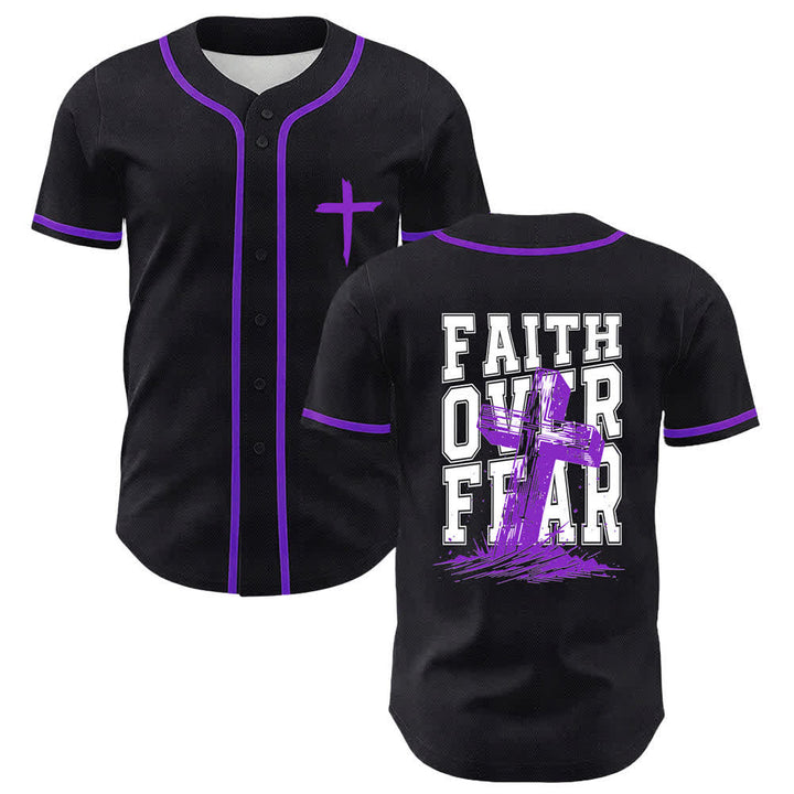 Camiseta de béisbol con ribete de contraste y cruz "Fe sobre el miedo" de Christianartworkshop - Púrpura - 5XL - image 49