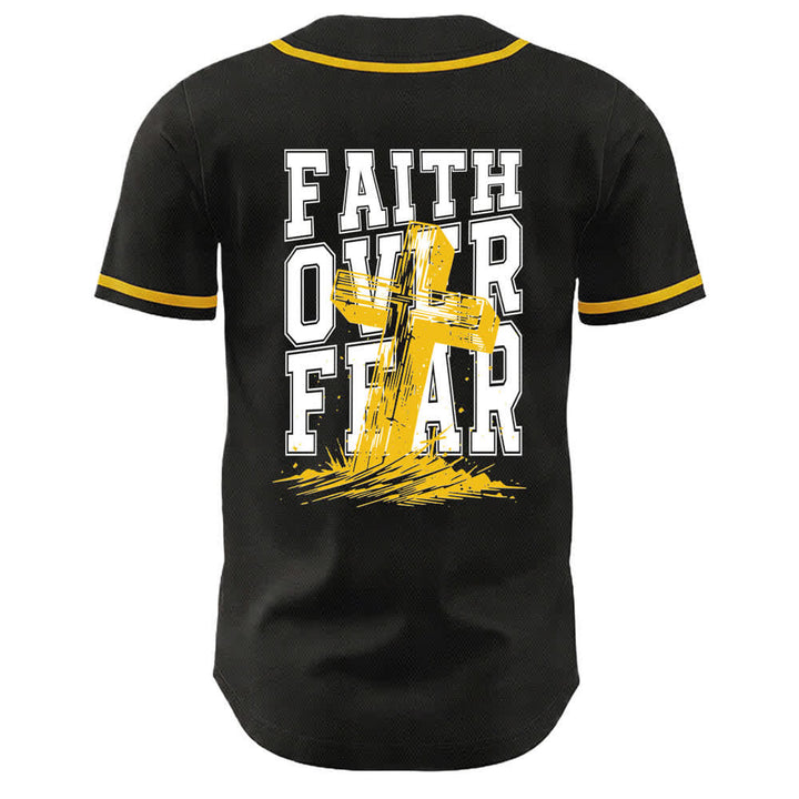 Camiseta de béisbol con ribete de contraste y cruz "Fe sobre el miedo" de Christianartworkshop - image 57