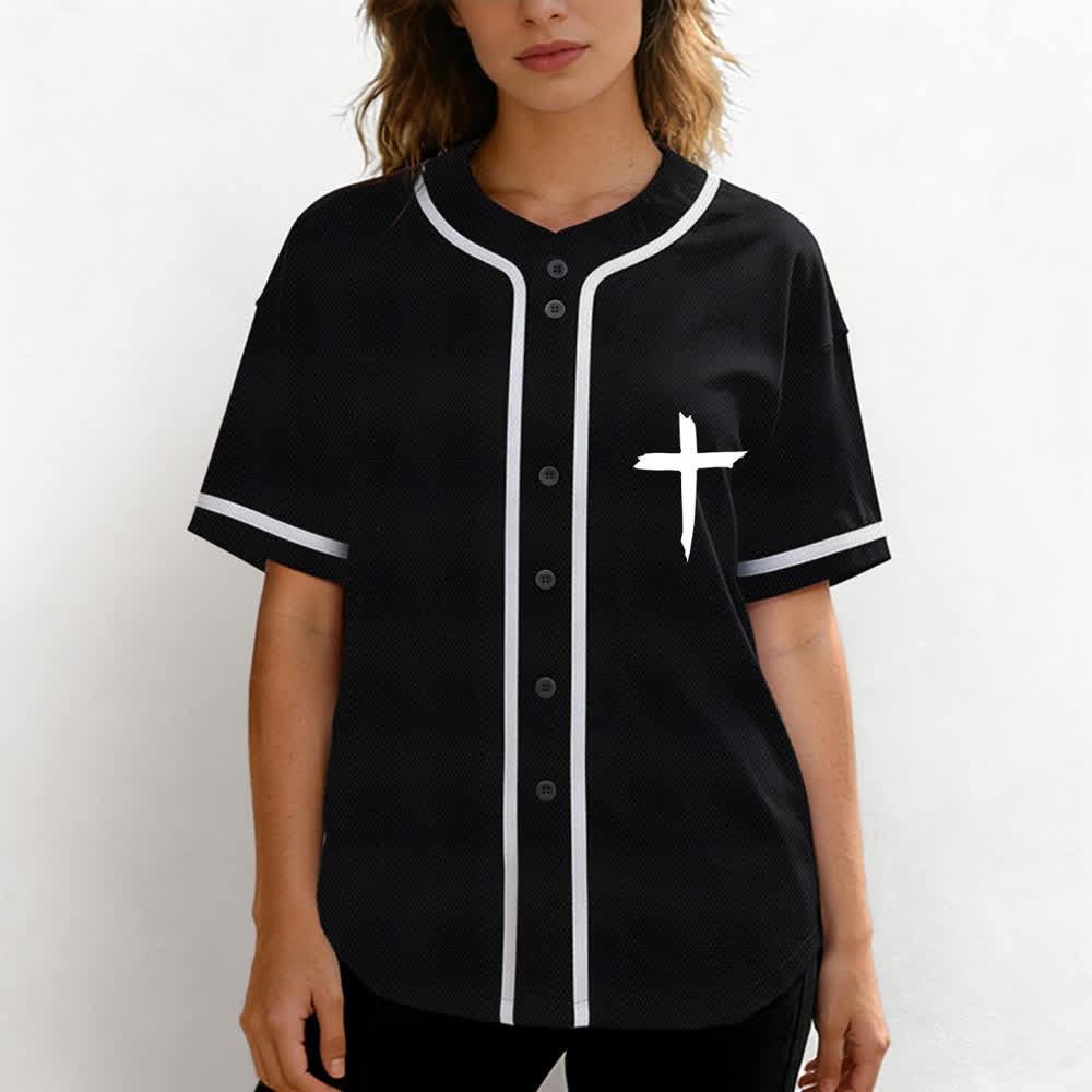 Camiseta de béisbol con ribete de contraste y cruz "Fe sobre el miedo" de Christianartworkshop - image 4