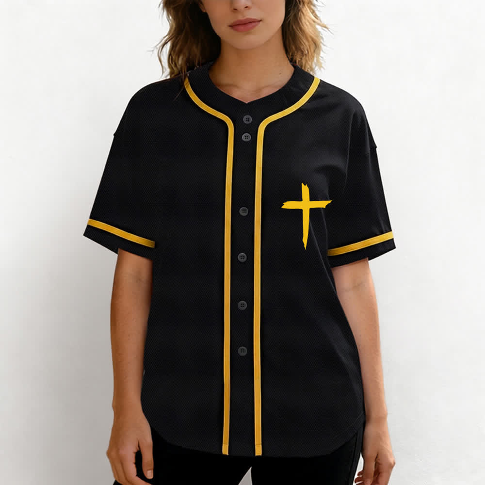 Camiseta de béisbol con ribete de contraste y cruz "Fe sobre el miedo" de Christianartworkshop - image 60