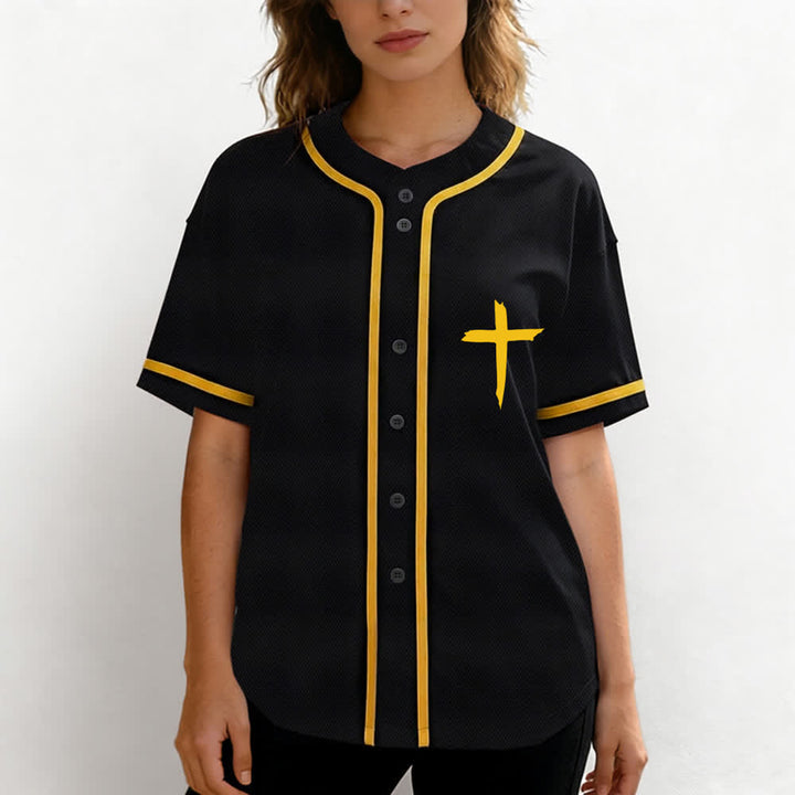 Camiseta de béisbol con ribete de contraste y cruz "Fe sobre el miedo" de Christianartworkshop - image 60