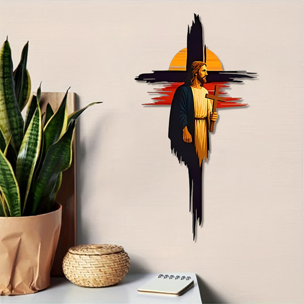 Christianartworkshop Decoración de pared metálica con cruz de Jesús al atardecer y pinceladas de pincelada: emblema atemporal de la sagrada gracia redentora. - image 1