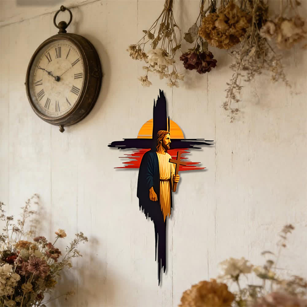 Christianartworkshop Decoración de pared metálica con cruz de Jesús al atardecer y pinceladas de pincelada: emblema atemporal de la sagrada gracia redentora. - image 0