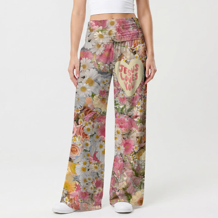 Christianartworkshop Pantalones palazzo de pierna ancha con estampado floral rosa y la frase "Jesús te ama". - image 1