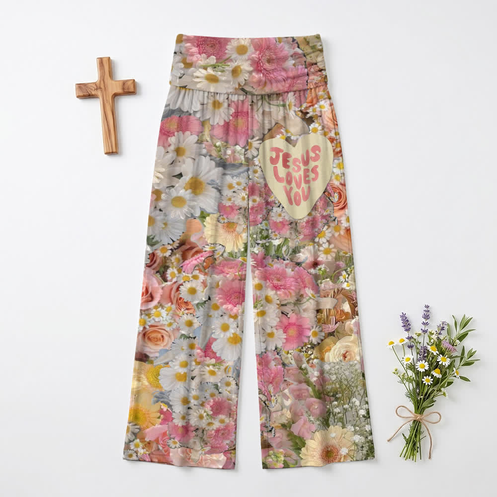 Christianartworkshop Pantalones palazzo de pierna ancha con estampado floral rosa y la frase "Jesús te ama". - EE. UU. 22, Reino Unido/Australia 26, UE 54 - image 0