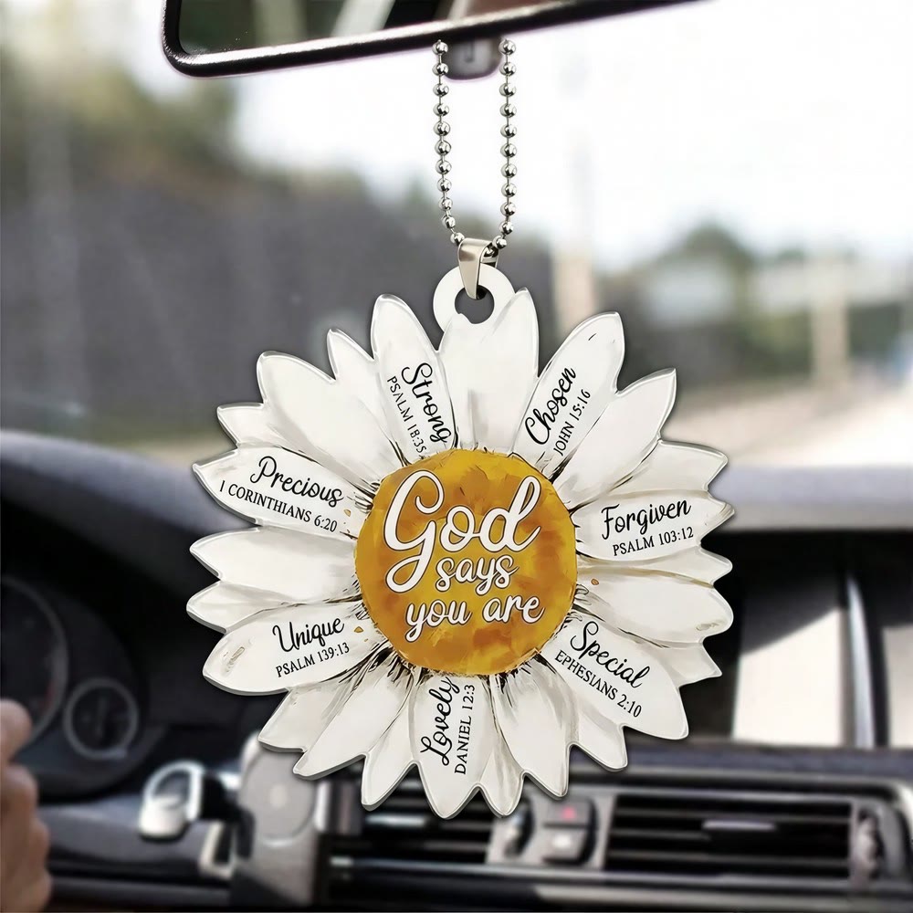 Christianartworkshop Colgante para coche Girasol Fe Dios Dice Que Eres: Emblema de cálida afirmación divina - Blanco - image 0