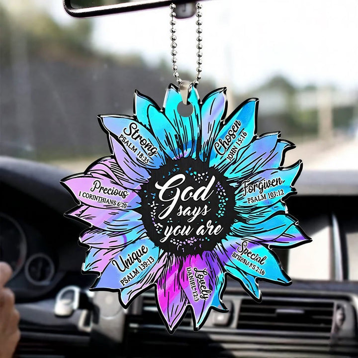Christianartworkshop Colgante para coche Girasol Fe Dios Dice Que Eres: Emblema de cálida afirmación divina - Gradiente holográfico - image 3