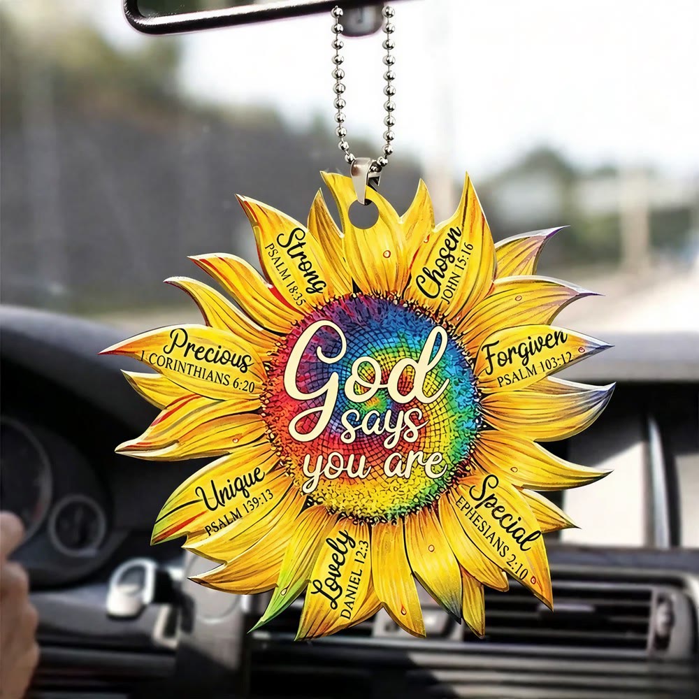 Christianartworkshop Colgante para coche Girasol Fe Dios Dice Que Eres: Emblema de cálida afirmación divina - Arcoíris - image 2