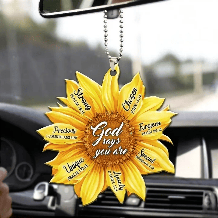 Christianartworkshop Colgante para coche Girasol Fe Dios Dice Que Eres: Emblema de cálida afirmación divina - Amarillo - image 1