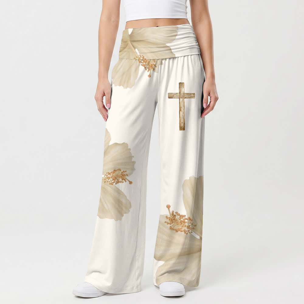 Christianartworkshop Pantalones anchos fluidos de mujer con estampado floral cruzado en color beige estilo boho. - image 1