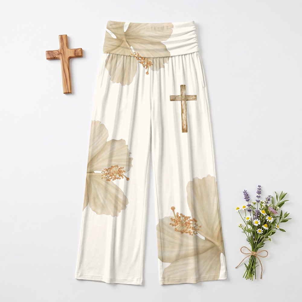 Christianartworkshop Pantalones anchos fluidos de mujer con estampado floral cruzado en color beige estilo boho. - EE. UU. 22, Reino Unido/Australia 26, UE 54 - image 0