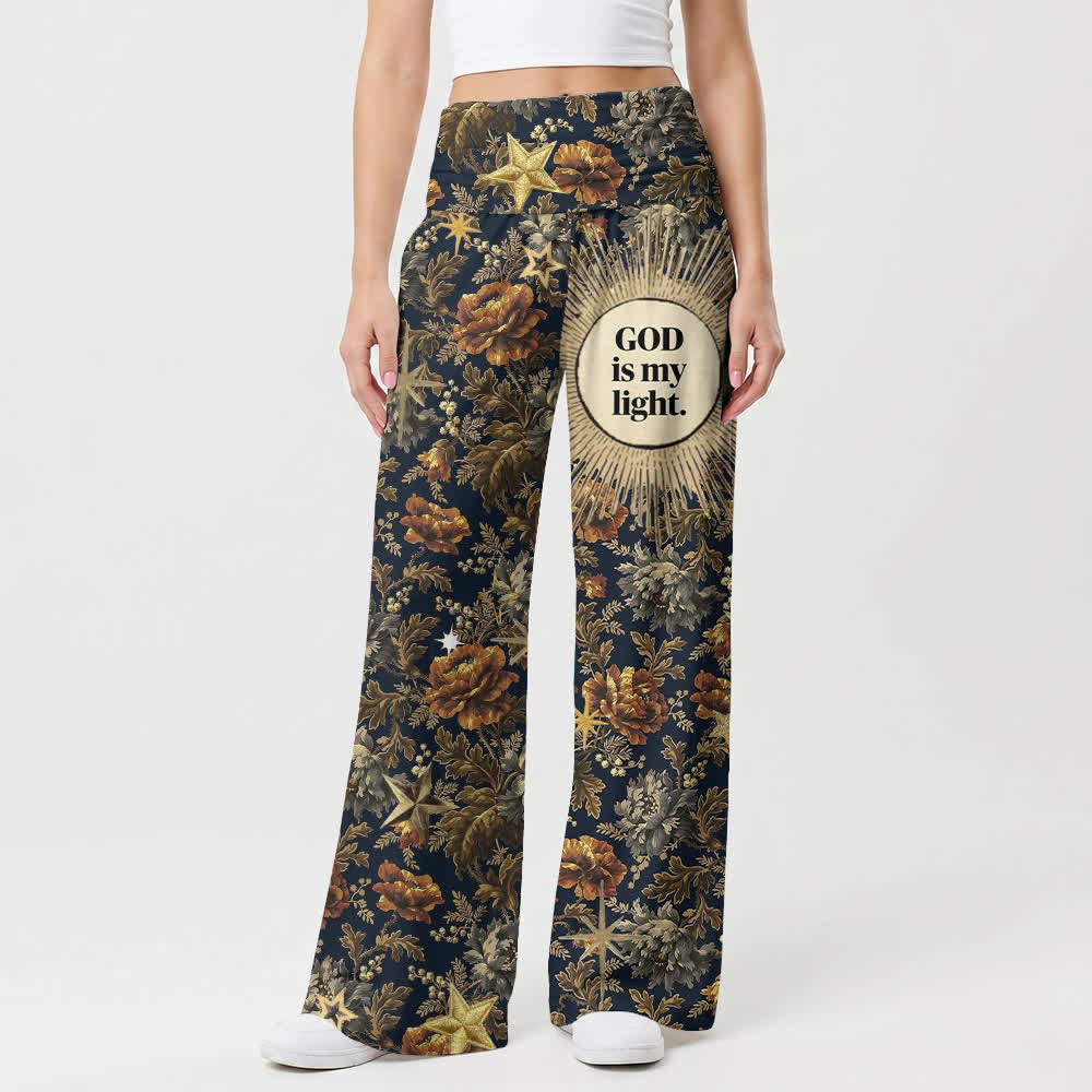 Christianartworkshop Pantalones anchos de mujer con estampado floral vintage "Dios es mi luz" - image 1