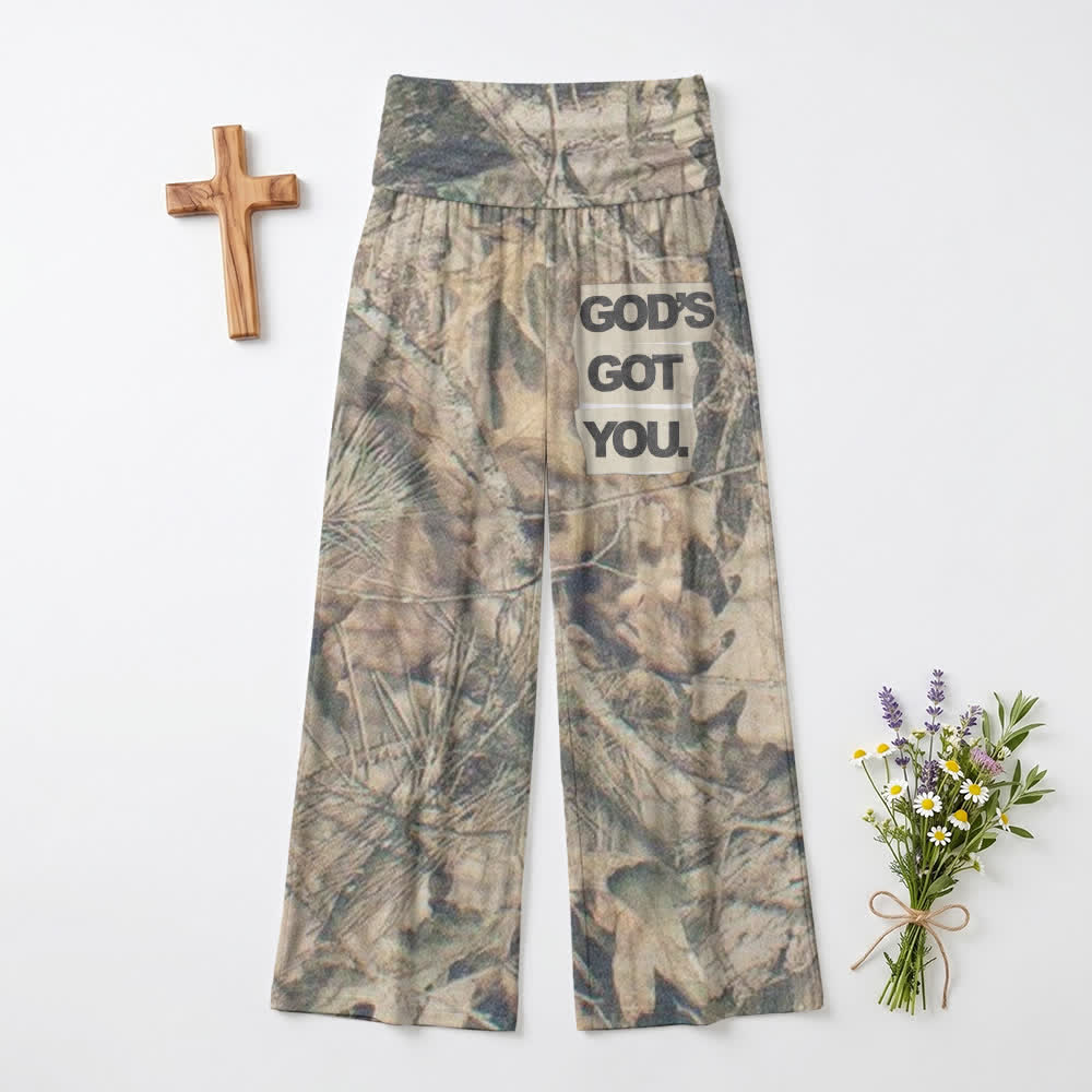 Christianartworkshop Pantalones de mujer de talle alto y pierna ancha con estampado de camuflaje "God's Got You" - EE. UU. 22, Reino Unido/Australia 26, UE 54 - image 0