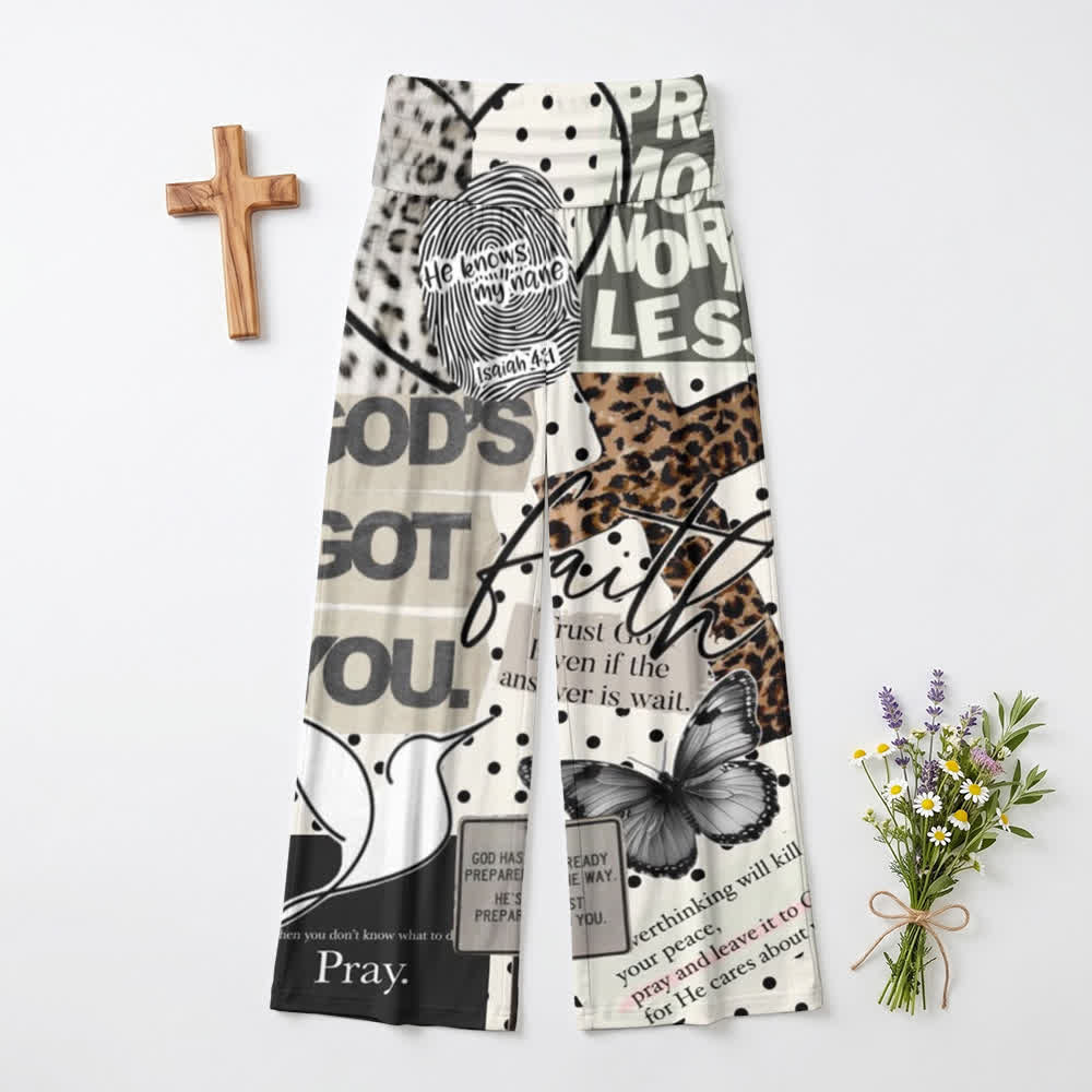 Christianartworkshop Pantalones de mujer de talle alto y pierna ancha con estampado de collage Faith - EE. UU. 22, Reino Unido/Australia 26, UE 54 - image 0