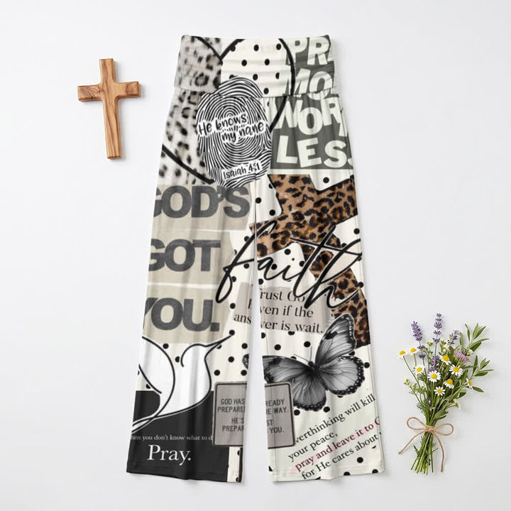 Christianartworkshop Pantalones de mujer de talle alto y pierna ancha con estampado de collage Faith - EE. UU. 22, Reino Unido/Australia 26, UE 54 - image 0