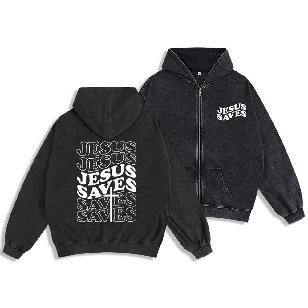 Chaqueta con capucha y cremallera de Christianartworkshop con estampado de Jesús salvado y diseño de Washed Street. - Negro - 2XL - image 0