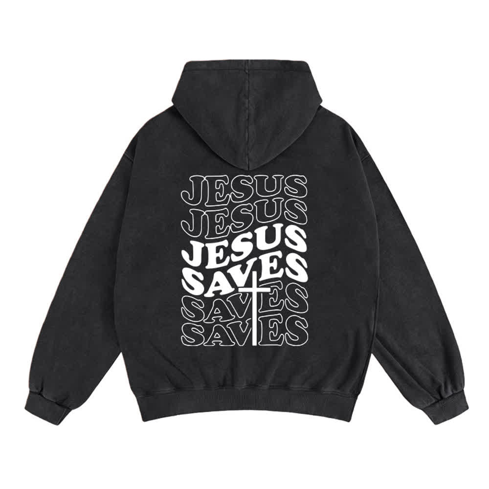 Chaqueta con capucha y cremallera de Christianartworkshop con estampado de Jesús salvado y diseño de Washed Street. - image 1