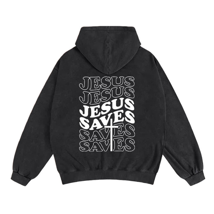 Chaqueta con capucha y cremallera de Christianartworkshop con estampado de Jesús salvado y diseño de Washed Street. - image 1