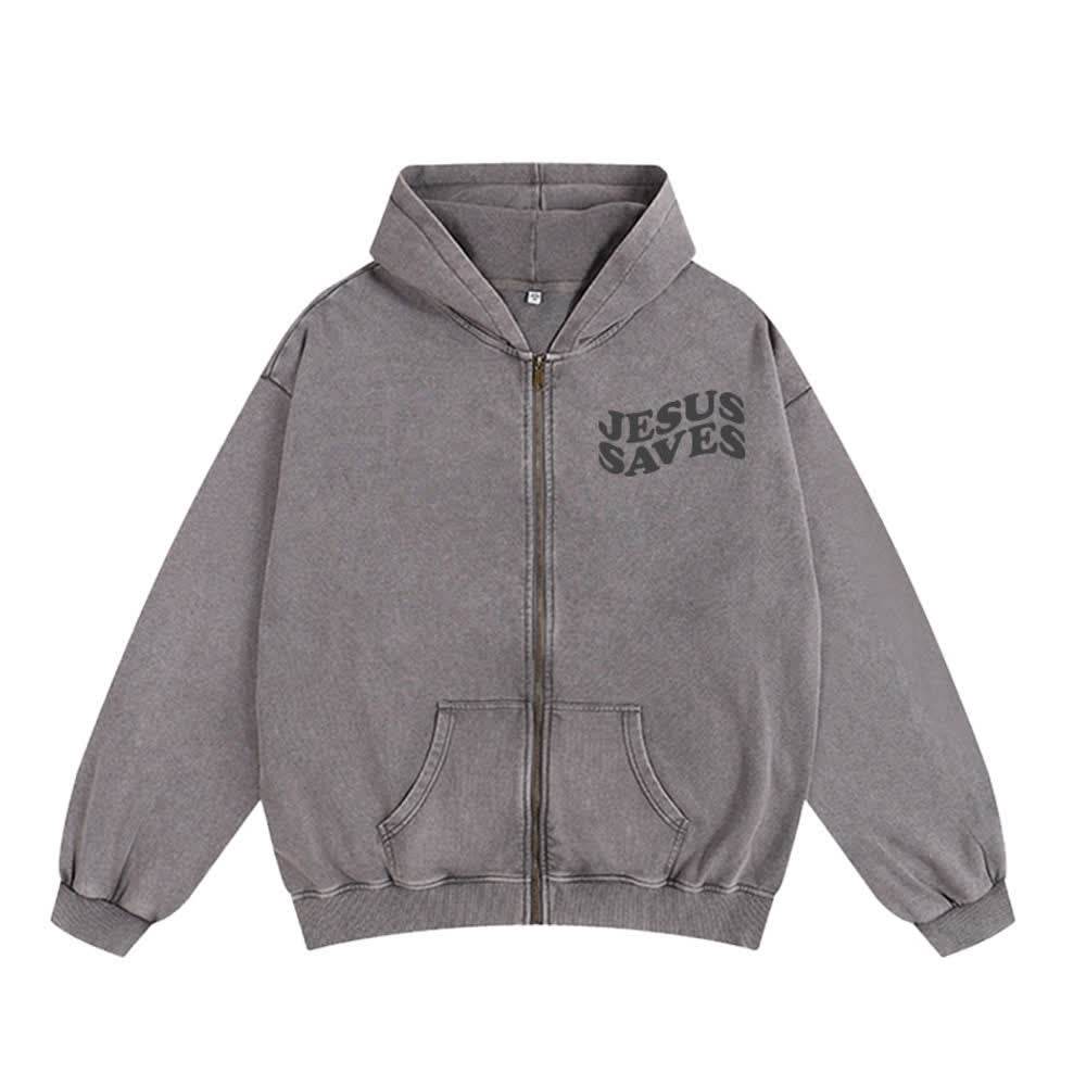 Chaqueta con capucha y cremallera de Christianartworkshop con estampado de Jesús salvado y diseño de Washed Street. - image 5