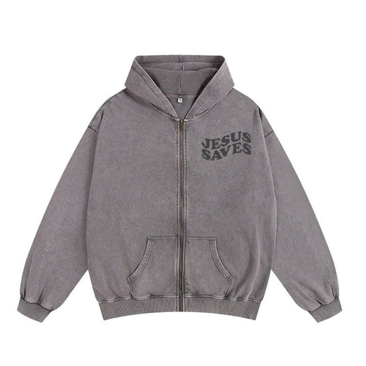 Chaqueta con capucha y cremallera de Christianartworkshop con estampado de Jesús salvado y diseño de Washed Street. - image 5