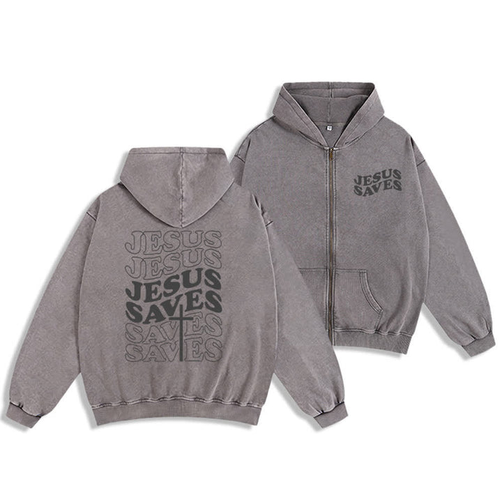 Chaqueta con capucha y cremallera de Christianartworkshop con estampado de Jesús salvado y diseño de Washed Street. - Gris - 2XL - image 3