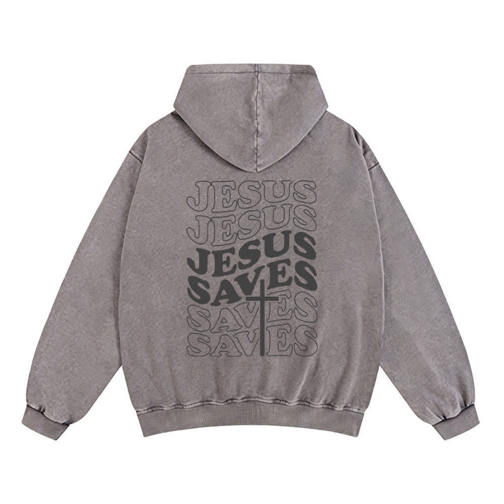 Chaqueta con capucha y cremallera de Christianartworkshop con estampado de Jesús salvado y diseño de Washed Street. - image 4