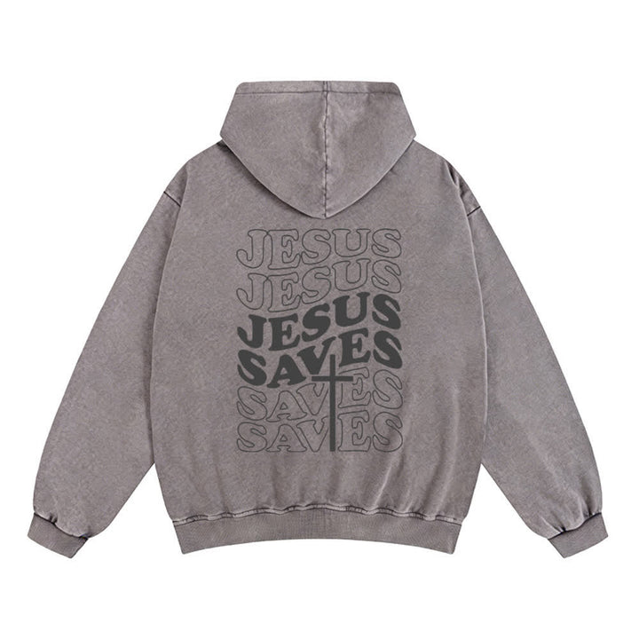 Chaqueta con capucha y cremallera de Christianartworkshop con estampado de Jesús salvado y diseño de Washed Street. - image 4