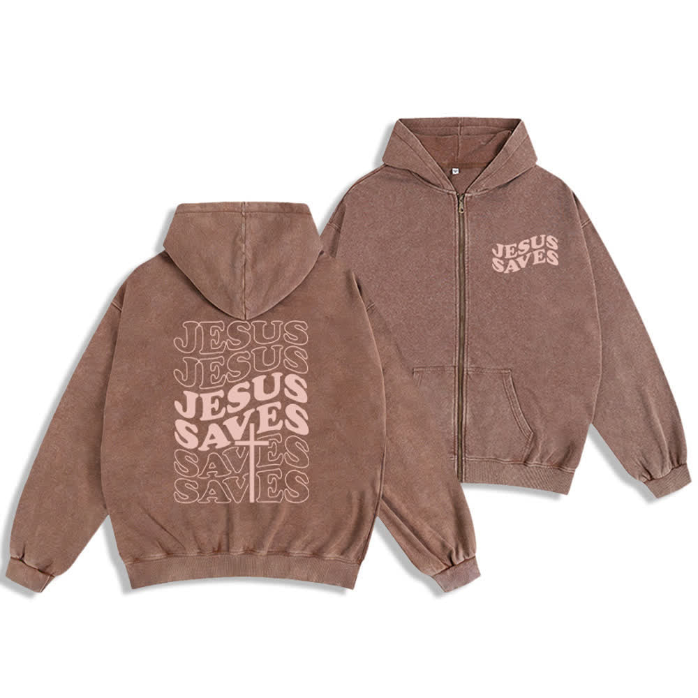 Chaqueta con capucha y cremallera de Christianartworkshop con estampado de Jesús salvado y diseño de Washed Street. - Marrón - 2XL - image 6