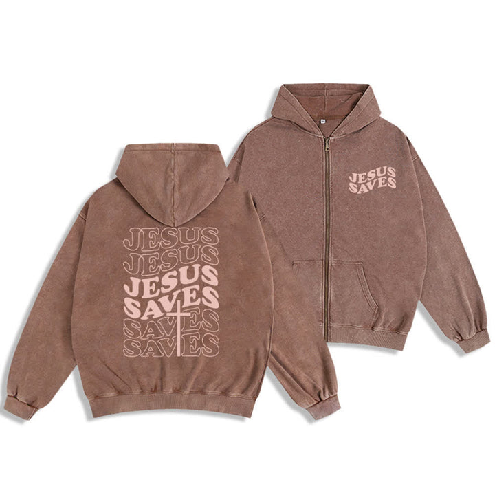 Chaqueta con capucha y cremallera de Christianartworkshop con estampado de Jesús salvado y diseño de Washed Street. - Marrón - 2XL - image 6