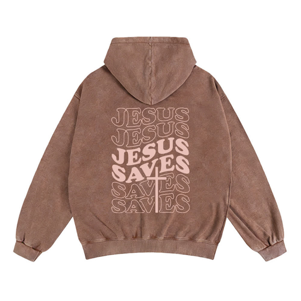 Chaqueta con capucha y cremallera de Christianartworkshop con estampado de Jesús salvado y diseño de Washed Street. - image 7