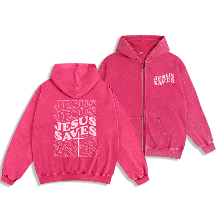 Chaqueta con capucha y cremallera de Christianartworkshop con estampado de Jesús salvado y diseño de Washed Street. - Rosa - 2XL - image 9