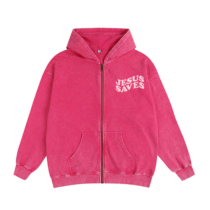 Chaqueta con capucha y cremallera de Christianartworkshop con estampado de Jesús salvado y diseño de Washed Street. - image 11
